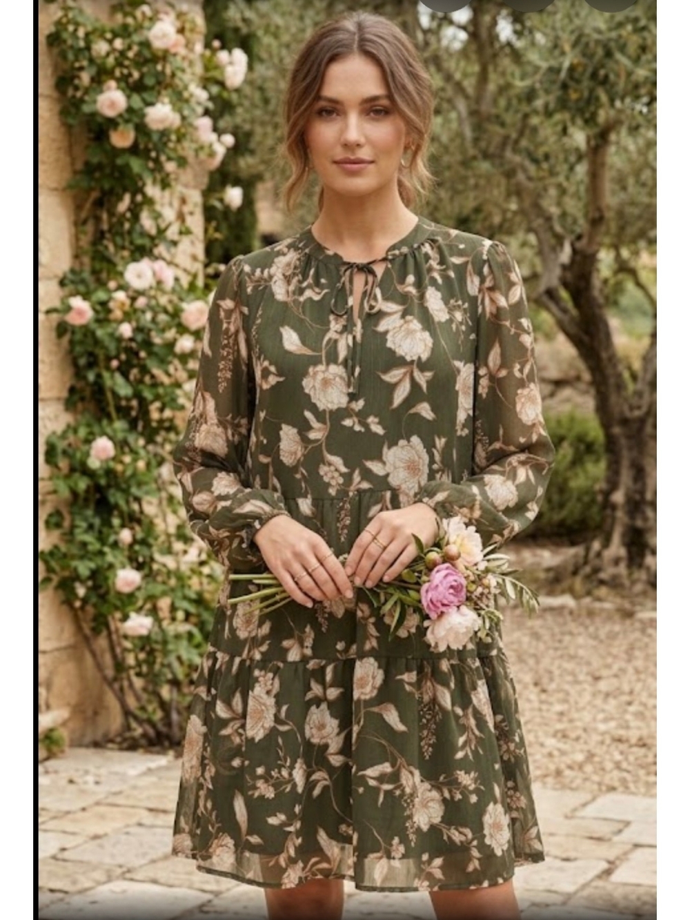 Indigo Rose Women's Plus 1X Olive Green Floral Tiered Shift Dress (SKU 0065)